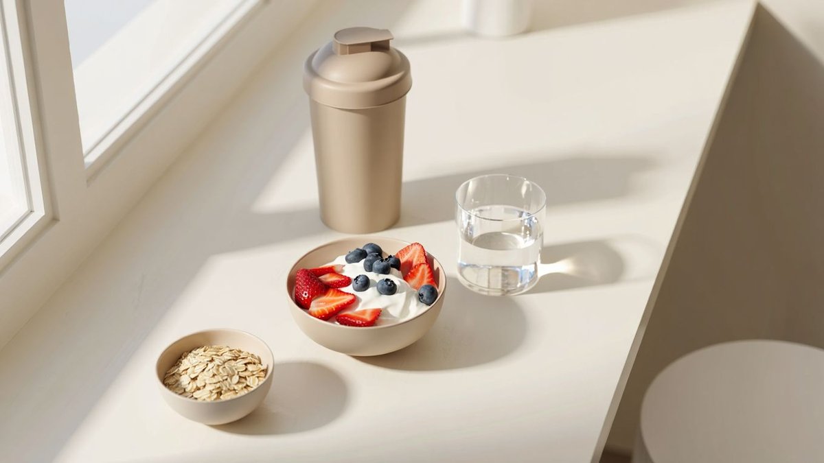 Collation sportive avec shaker neutre, bol de yaourt, fruits et flocons d’avoine sur table claire sans marque ni texte