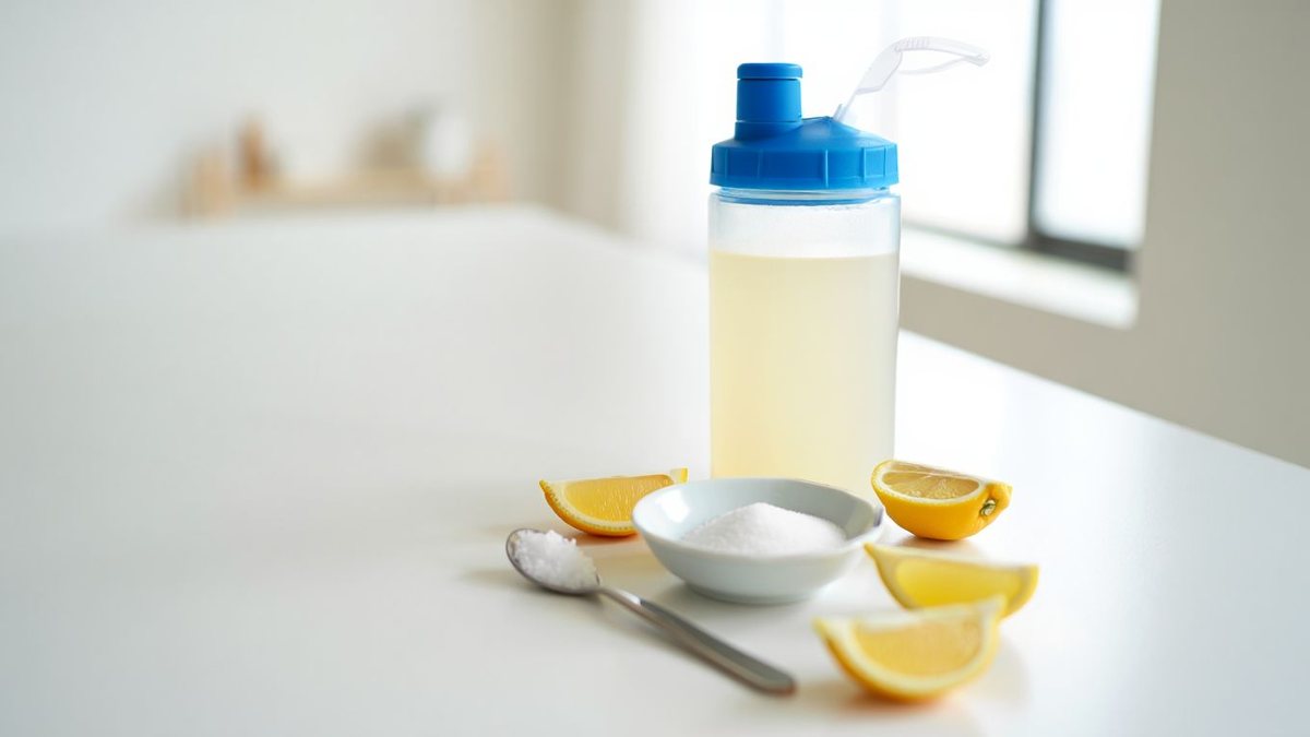 Gourde transparente et ingrédients simples pour boisson d’effort sur une table de cuisine lumineuse