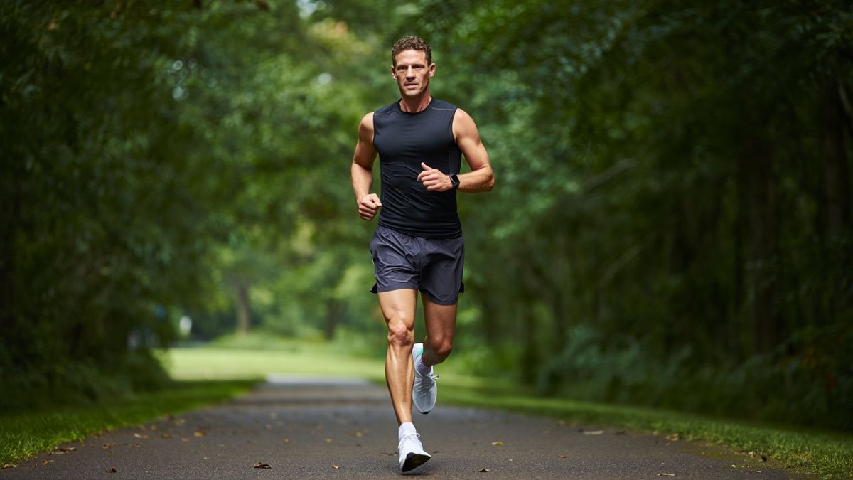 Coureur amateur regardant sa montre pendant un footing calme en extérieur sans texte ni marque visible