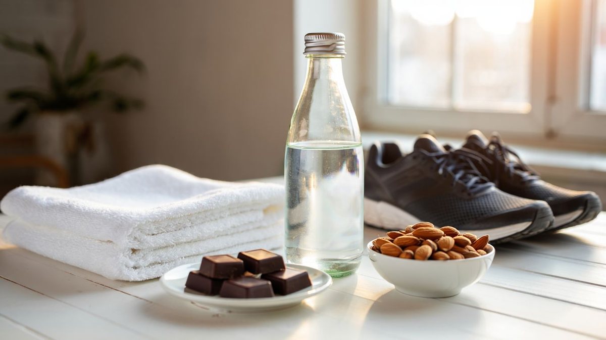 Bol d’amandes, chocolat noir et gourde de sport après une séance de récupération