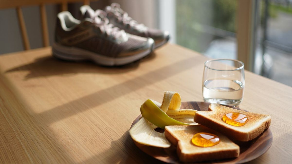 Petit déjeuner digeste avant running avec banane pain grillé et gourde près de chaussures de course sans logo ni texte