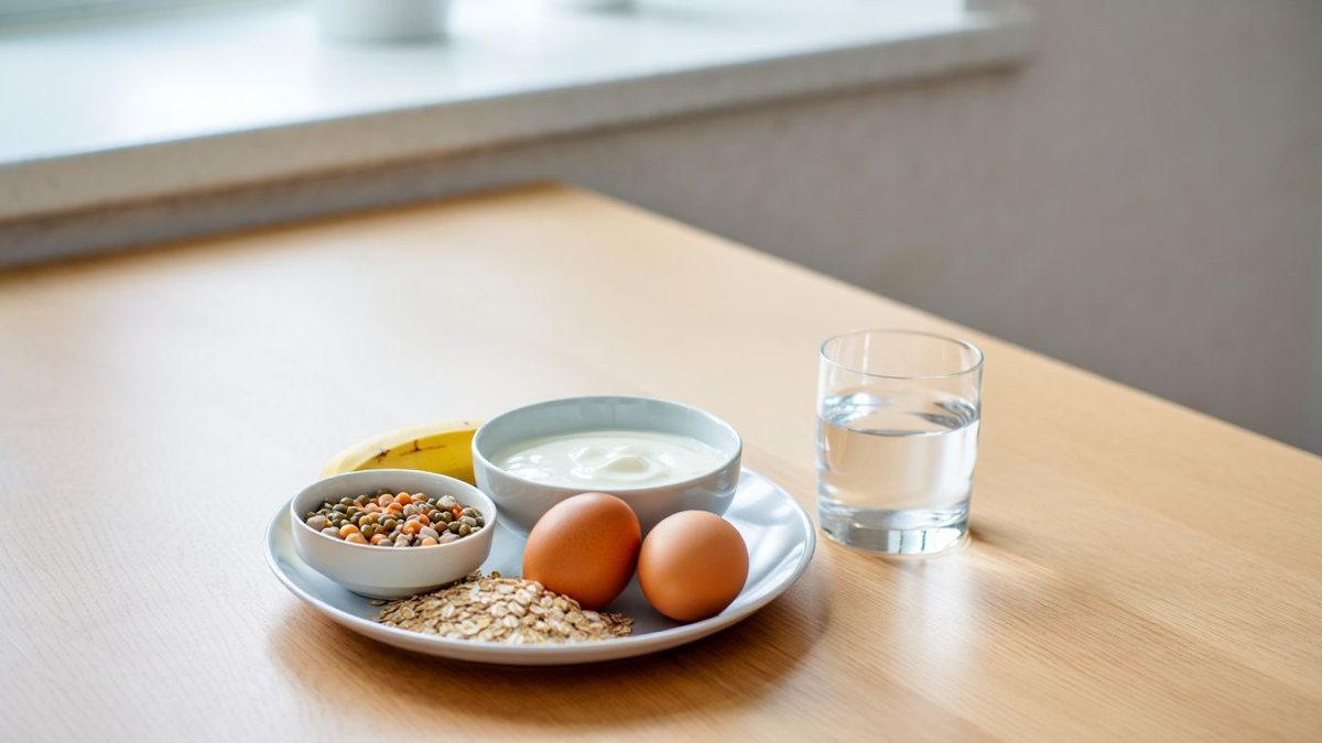 Bol équilibré riche en protéines avec yaourt, fruits, œufs et aliments simples pour sportif amateur sans marque