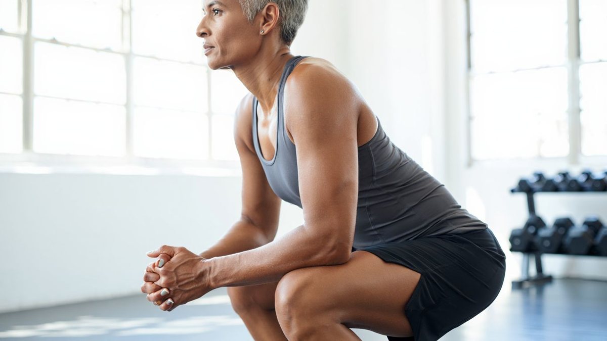 Sportif amateur réalisant un squat au poids du corps dans une salle lumineuse sans marque visible