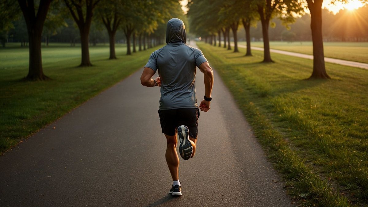 Coureuse amateur sur chemin au lever du jour avec montre cardio discrète sans marque ni texte visible