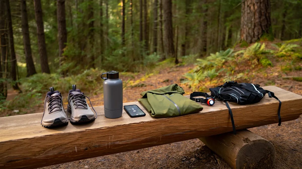 Équipement de trail préparé avant une sortie en forêt