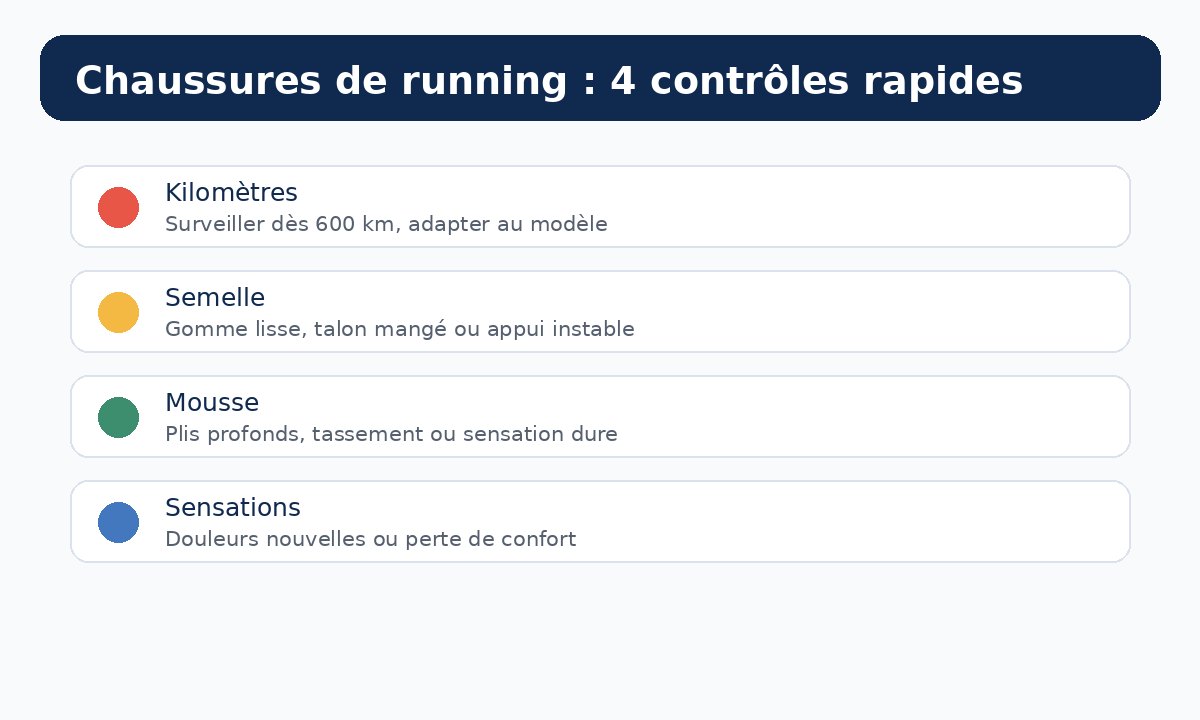 Schéma des zones à vérifier sur une chaussure de running usée
