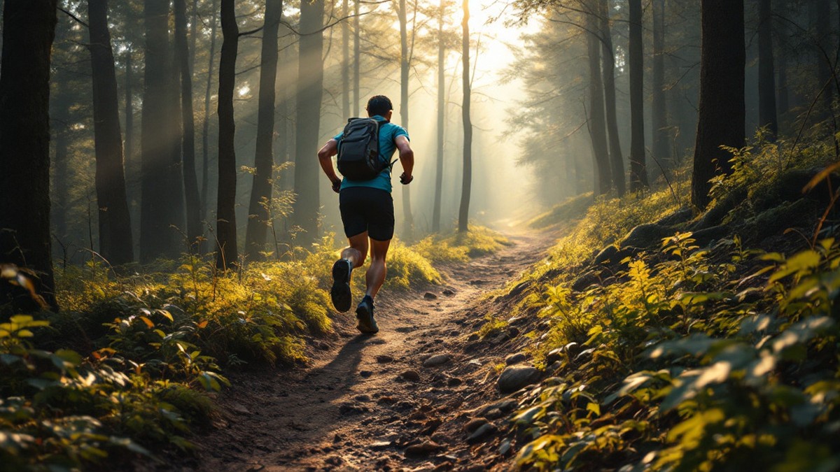 Coureur de trail adulte sur sentier vallonné en forêt sans texte ni logo