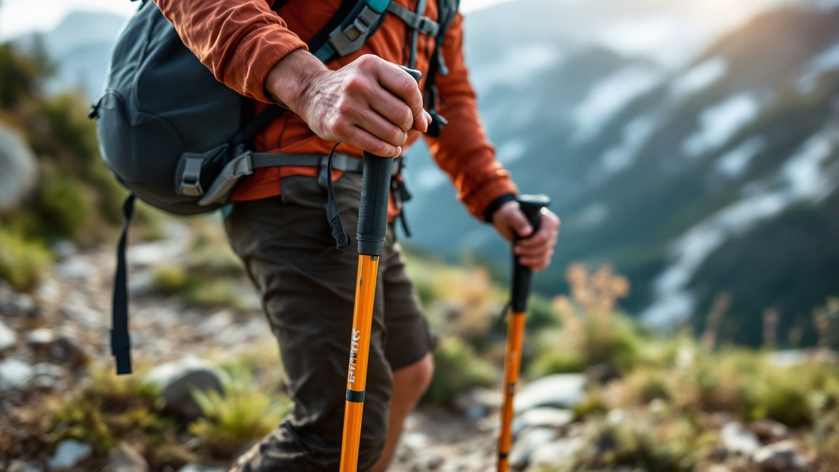 Traileur ajustant des bâtons pliables près d’un gilet de trail