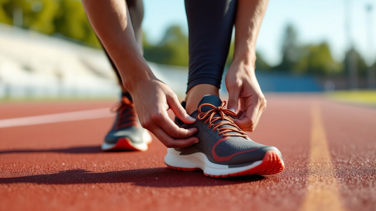 Coureur préparant des chaussures de running amorties sur une piste