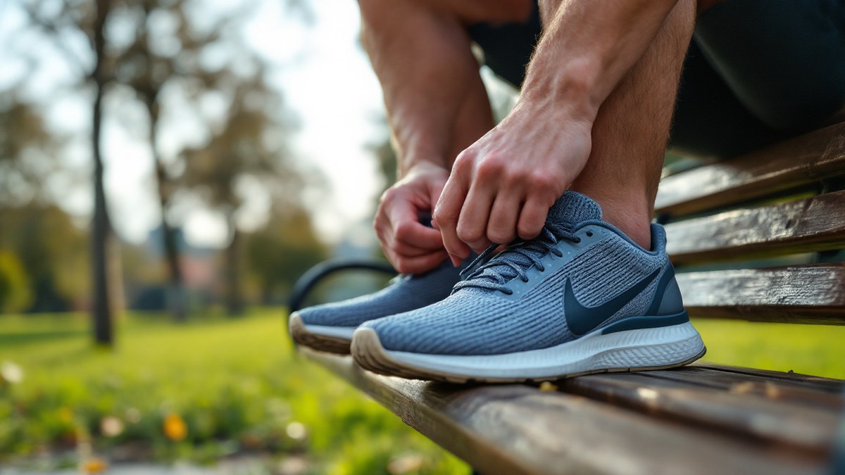 Coureur attachant des chaussures de running légères avant une sortie courte