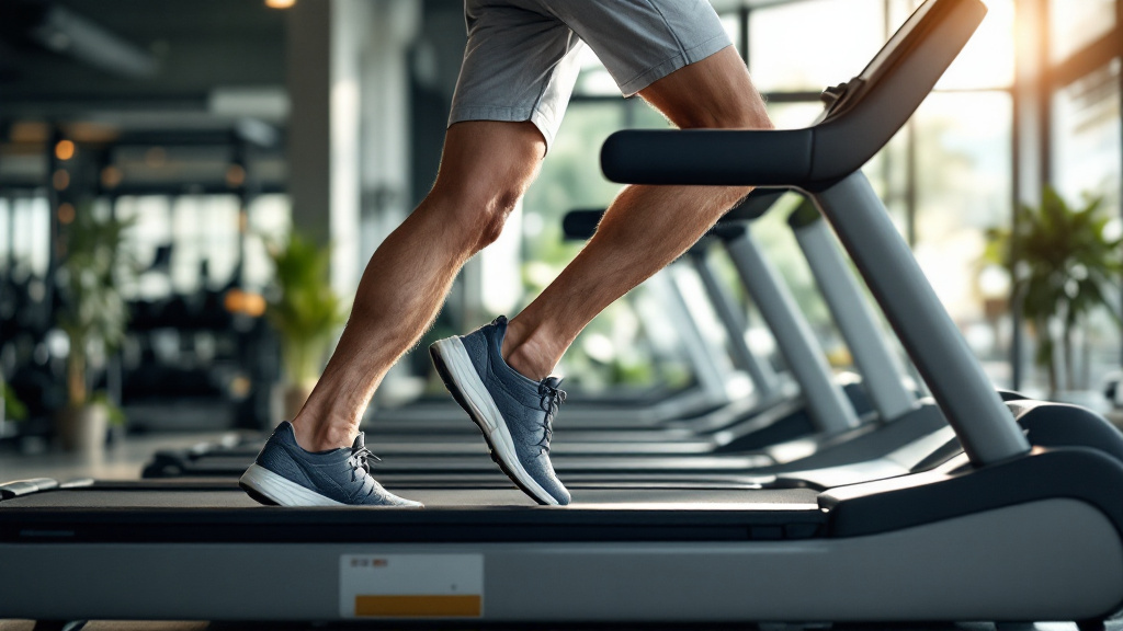Sportive adulte marchant sur tapis incliné en salle lumineuse sans texte ni logo