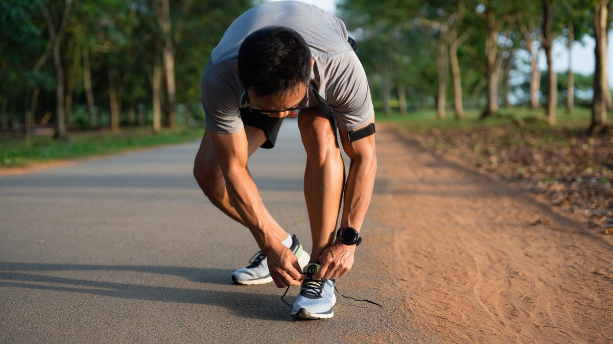 Coureuse amateur attachant ses chaussures sur un chemin de parc au lever du jour sans texte ni marque visible