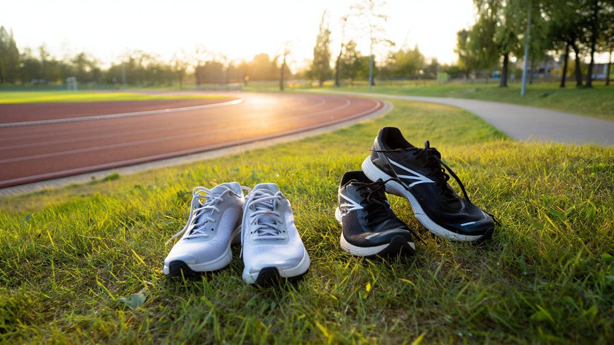 Deux paires de chaussures de running sans logo posées près d’une piste au lever du jour