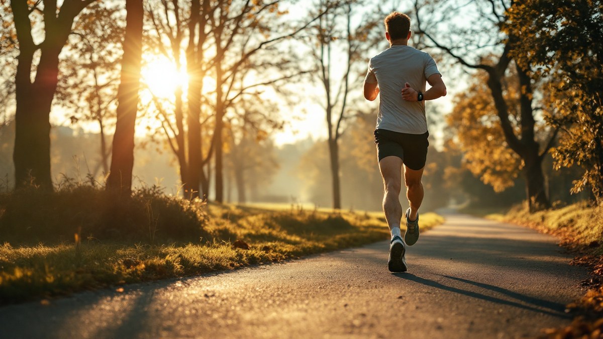 Coureur débutant en footing facile sur un chemin de parc