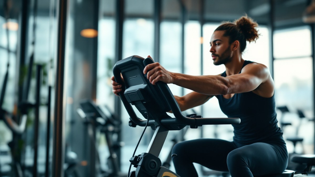 Sportif sur vélo d’appartement après une séance de musculation