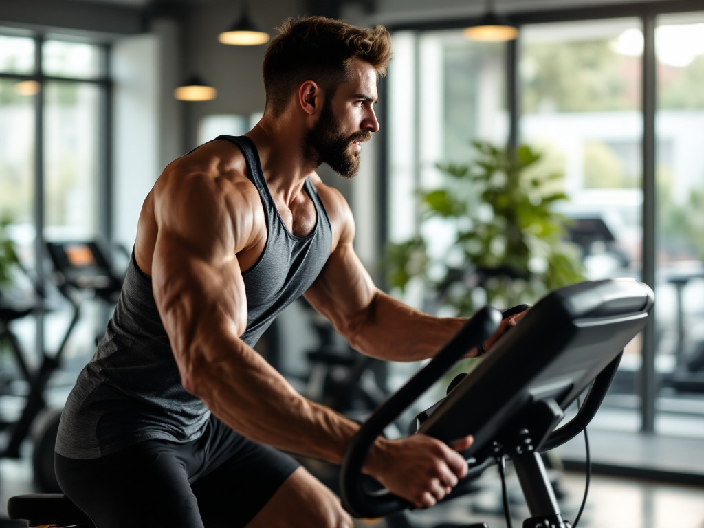 Sportif adulte sur vélo en salle après une séance de musculation, image pro éditoriale réaliste sans texte ni logo