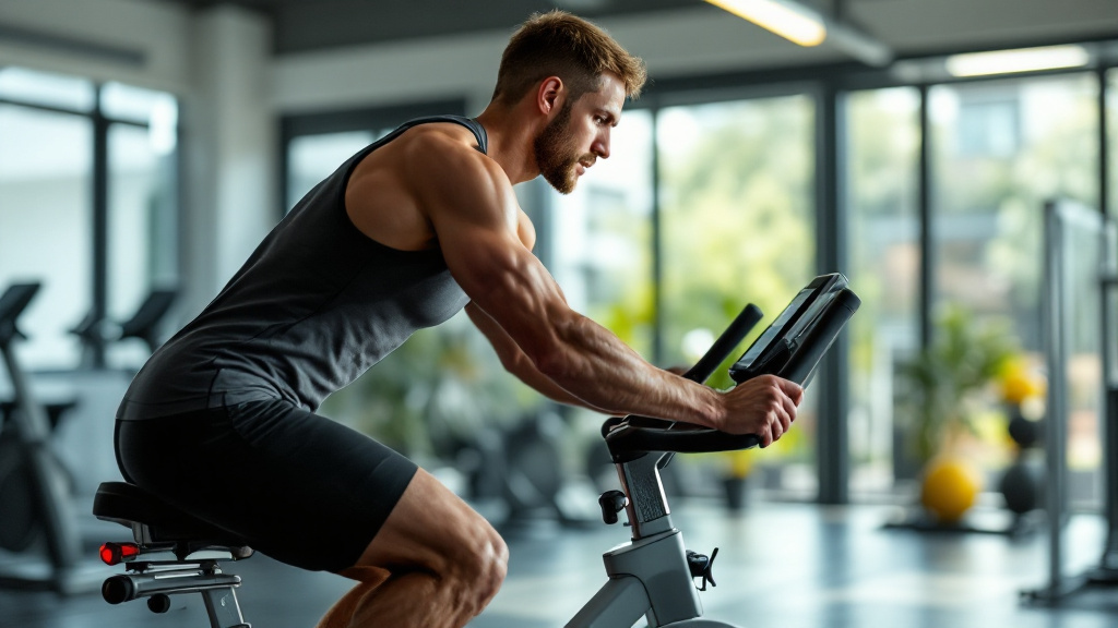 Sportive adulte sur vélo cardio dans une salle lumineuse, sans texte ni logo