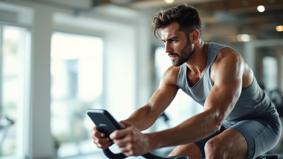 Sportif adulte sur vélo d entraînement après une séance intense en salle lumineuse sans texte ni logo