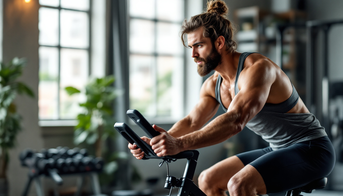 Sportif adulte sur vélo d’intérieur en salle de musculation, image pro éditoriale réaliste sans texte ni logo