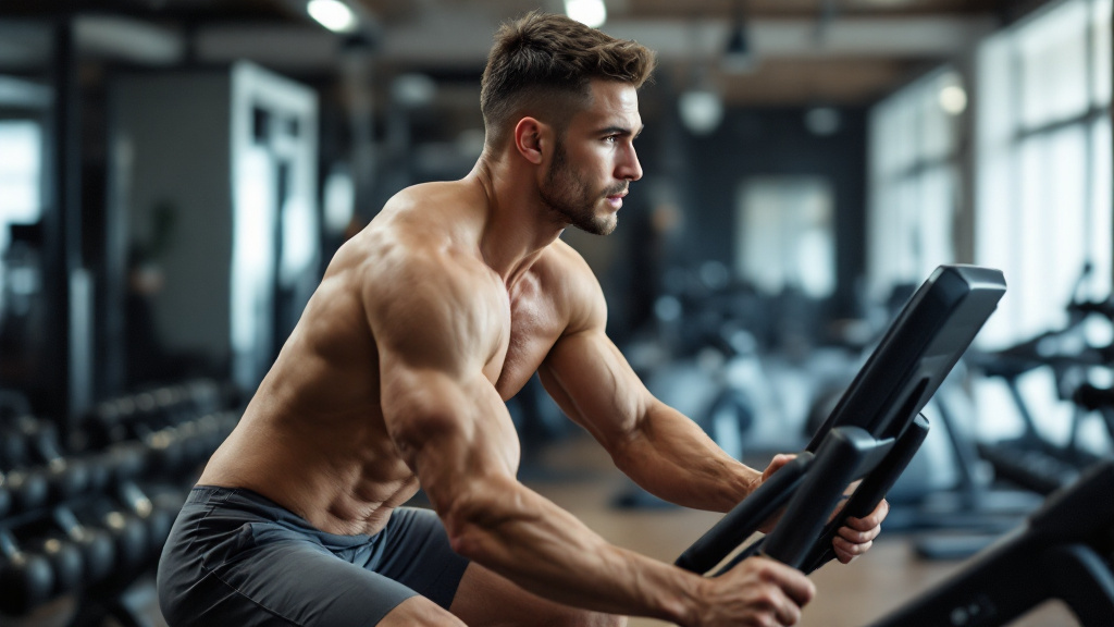 Sportif adulte pédalant calmement sur vélo stationnaire dans une salle sobre après la musculation, sans texte ni logo