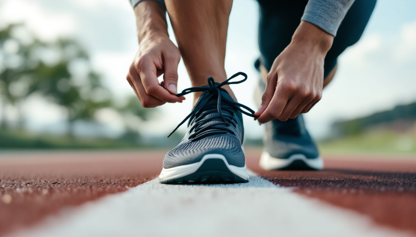 Coureur laçant une chaussure running sur chemin urbain, image éditoriale réaliste sans texte