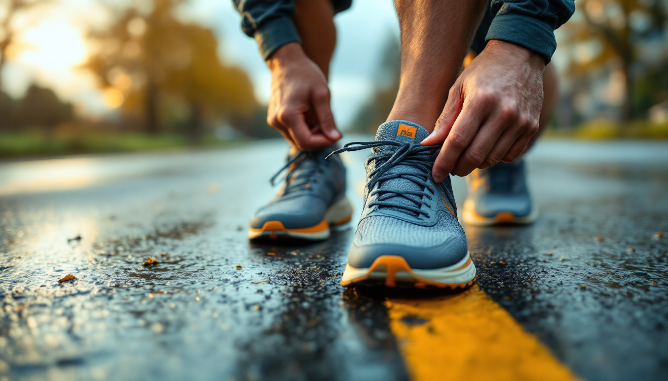 Coureur adulte sur route mouillée avec chaussures de running sobres, image pro éditoriale réaliste sans texte ni logo