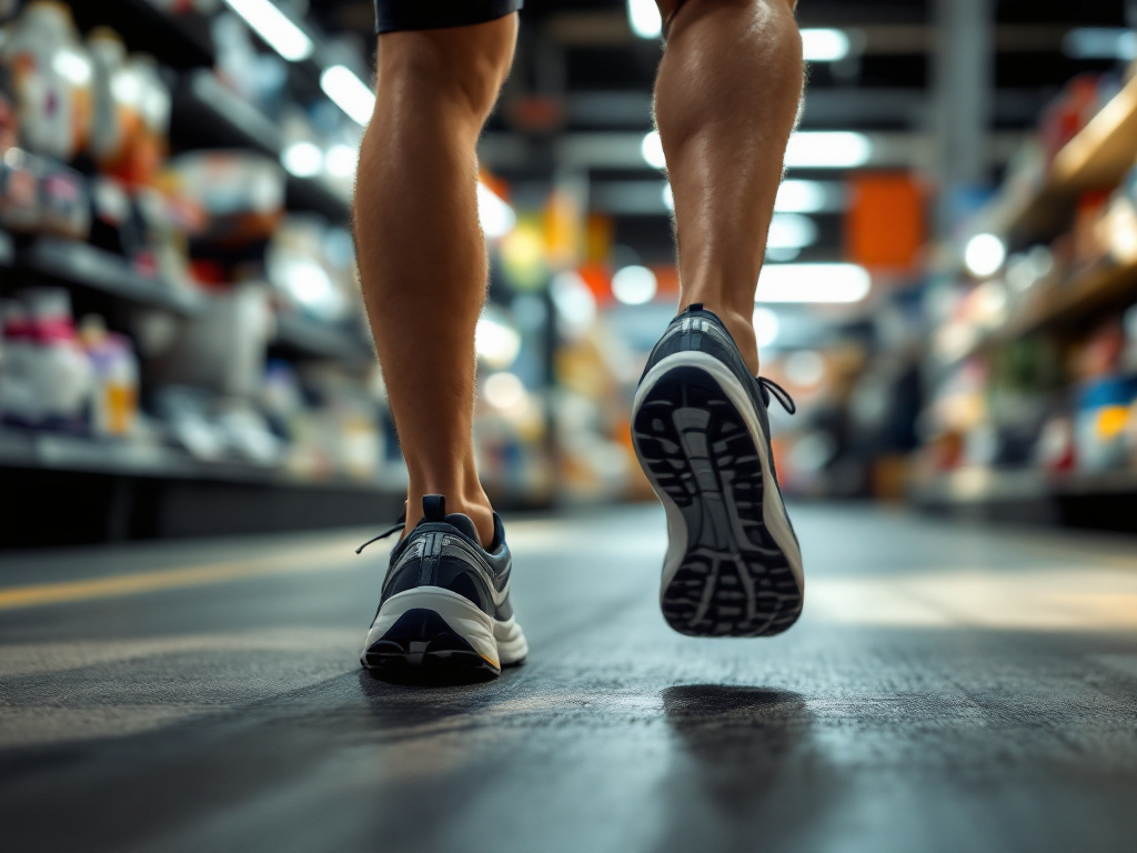 Coureur adulte essayant des chaussures de running sobres en magasin spécialisé, image pro éditoriale réaliste sans texte ni logo