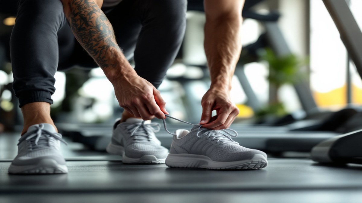 Coureur préparant ses chaussures près d un tapis de course