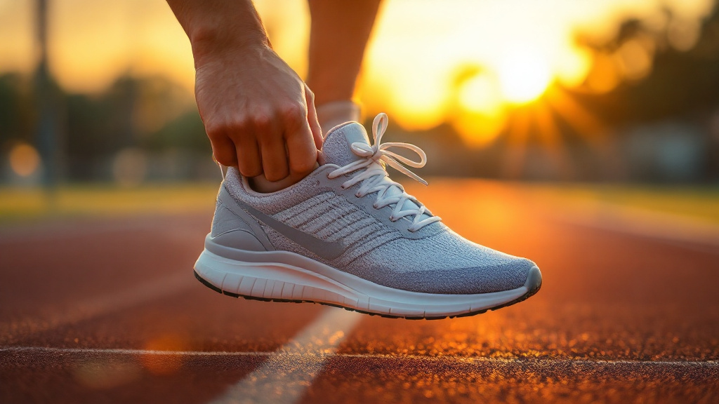 Coureur adulte tenant une chaussure de running neutre sur une piste, sans texte ni logo