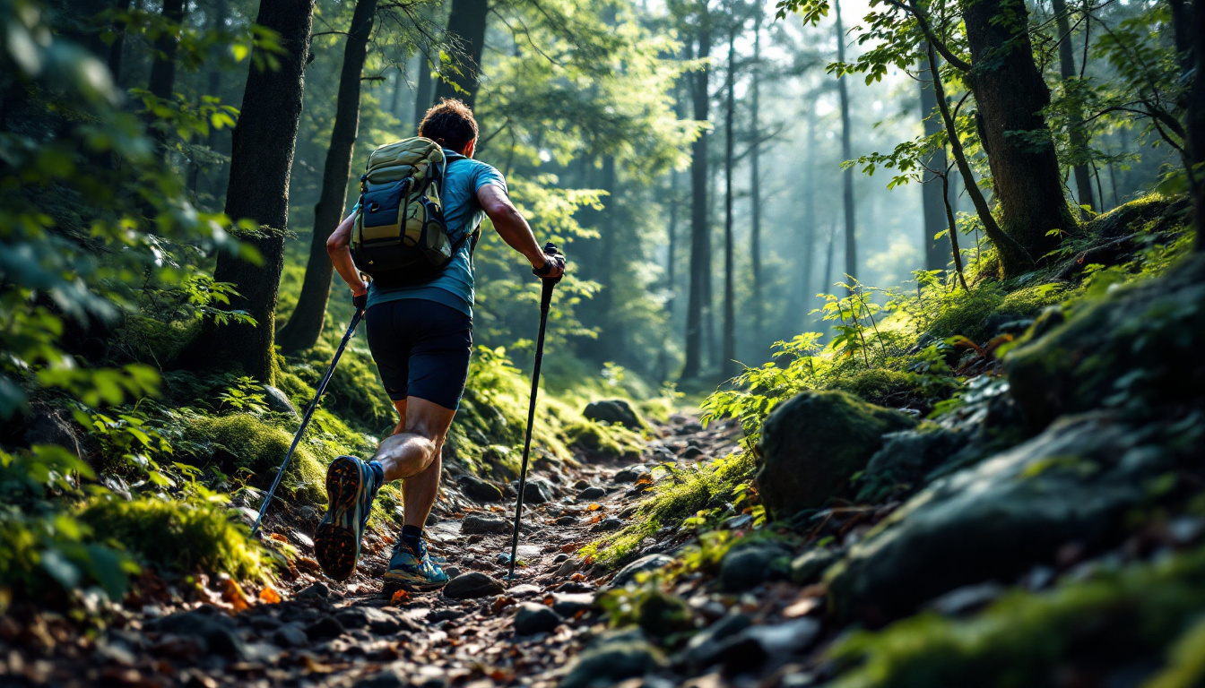 Trailer montant un sentier forestier raide en marche active, image pro éditoriale réaliste sans texte