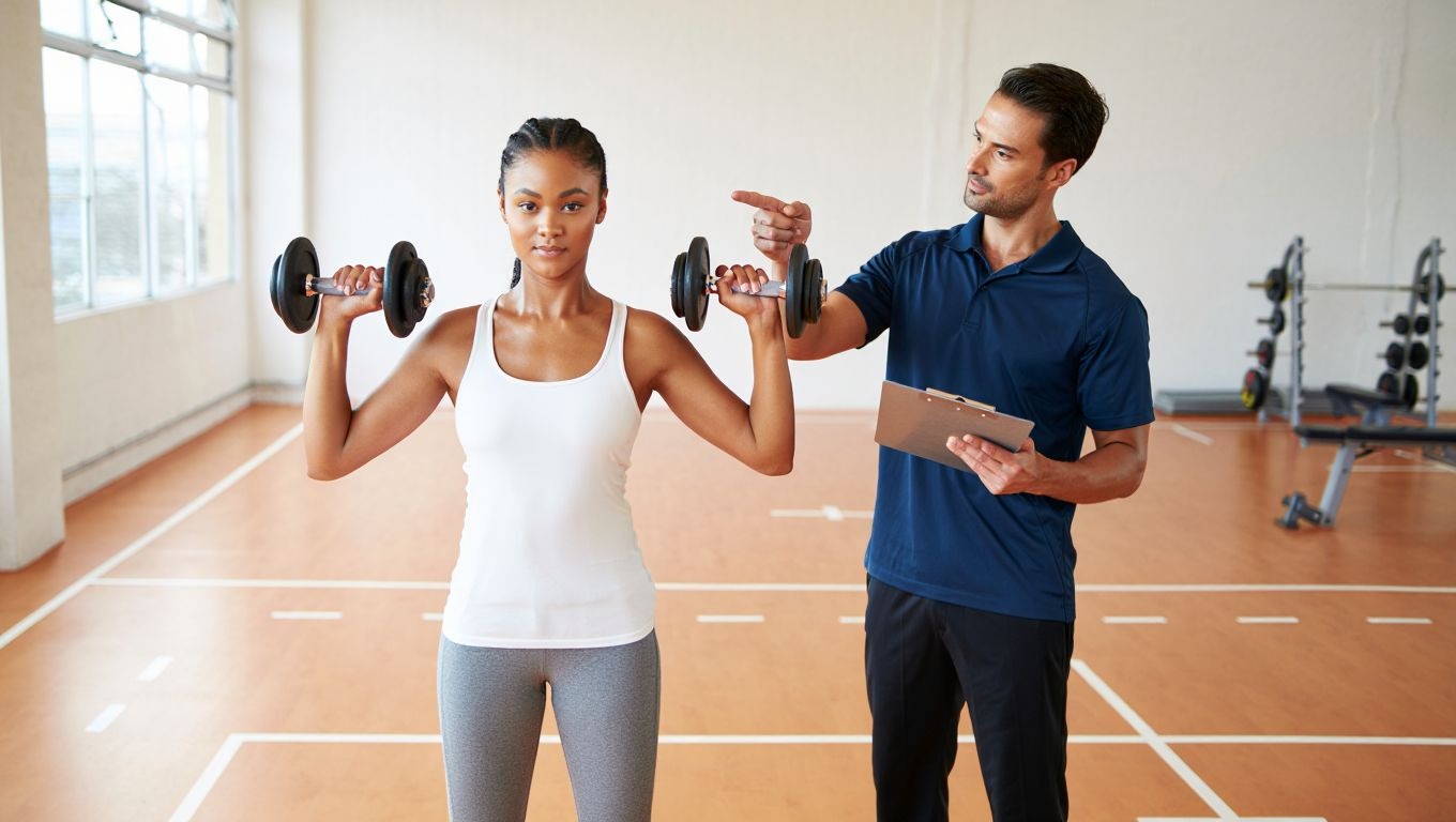 Sportif débutant réalisant un exercice de musculation avec haltères dans une salle lumineuse sans texte ni marque visible