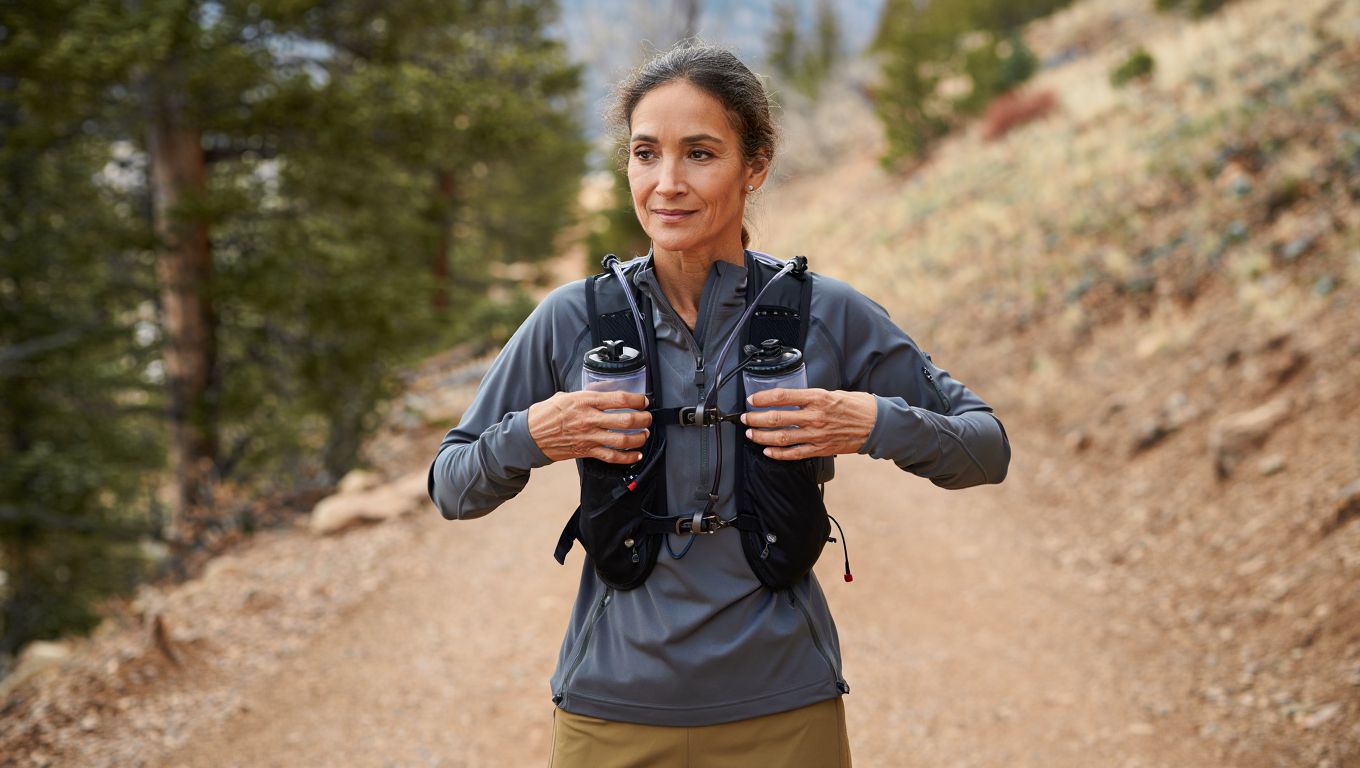 Traileuse ajustant un gilet d’hydratation sur un sentier de montagne, sans texte ni logo