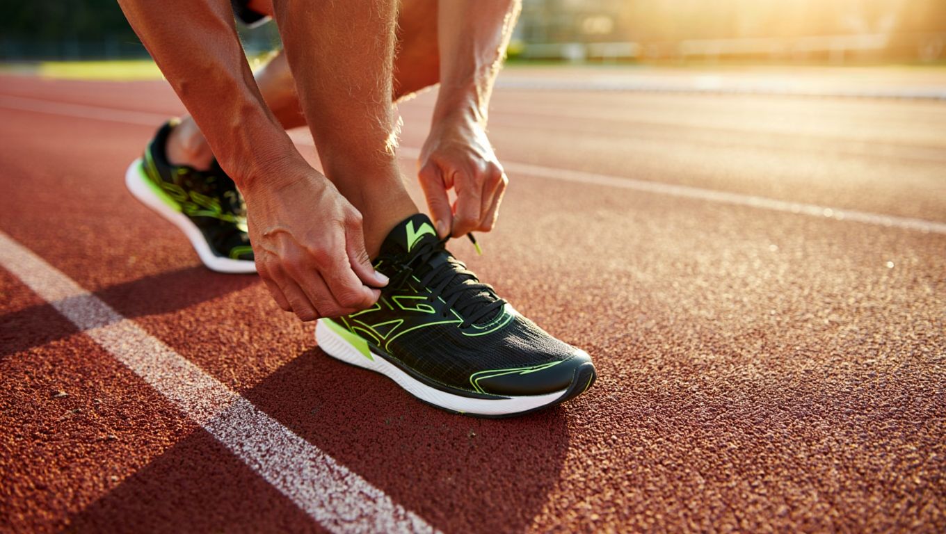 Runner laçant des chaussures de running sur piste avant un footing, sans texte ni logo